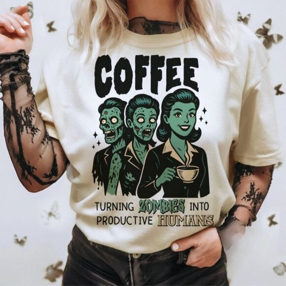 Tops - Funny Coffee Zombie Tee, Retro Halloween Horror Tee
